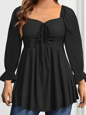 Plus Size Puff Sleeve Drawstring Top