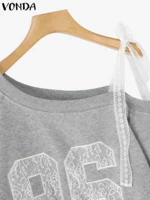 Women’s Asymmetrical Off-Shoulder Hoodie – Lace Print Oversized Pullover (Autumn 2025)