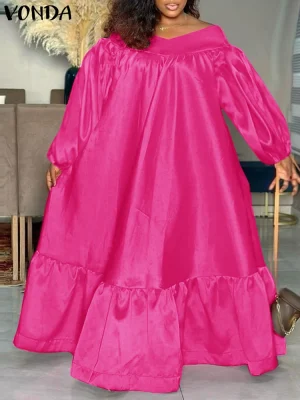 Plus Size VONDA Satin Ruffle Maxi Dress – Off-Shoulder, Summer 2025