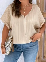 Plus Size V-Neck Zippered T-Shirt (1XL–8XL)