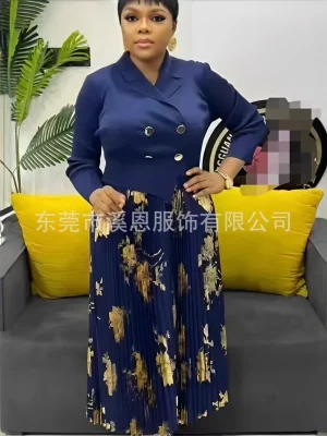 Miyaki Plus Size Pleated Dress – Printed Suit Collar & Long Skirt