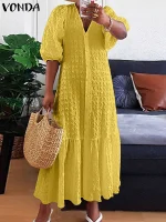 V-Neck Puff Sleeve Maxi Dress – Elegant Summer Sundress"