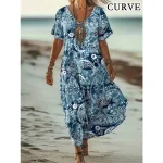 Plus Size Boho V-Neck Short Sleeve Dress