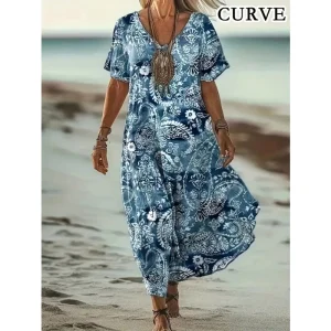 Plus Size Boho V-Neck Short Sleeve Dress