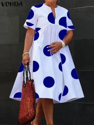 Plus Size 5XL VONDA Polka Dot Boho Maxi Dress – Summer 2025