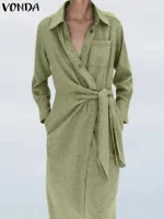 Women’s 2025 Elegant Lapel Neck Dress – Loose Oversized Pleated Sundress