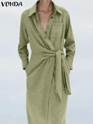 Women’s 2025 Elegant Lapel Neck Dress – Loose Oversized Pleated Sundress