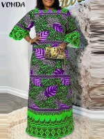 Plus Size VONDA 5XL Printed Bohemian Dress – 2025
