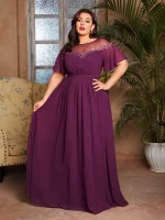 Plus Size Sequin Mesh Chiffon Evening Gown