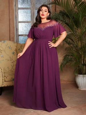 Plus Size Sequin Mesh Chiffon Evening Gown