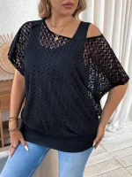 “Plus Size Off-Shoulder Hollow Out Tee”