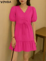 Women’s Solid Short Sleeve Lace-Up Mini Dress – Casual Summer Sundress