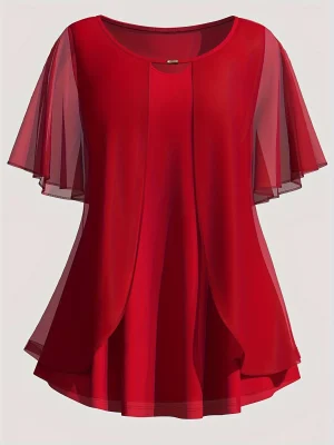 “Plus Size Mesh Stitch Ruffle Sleeve Top”