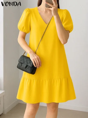 Women’s Boho Puff Sleeve V-Neck Mini Dress