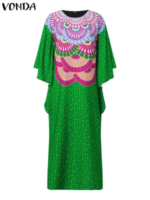 Plus Size 2025 Boho Printed Maxi Dress – Oversized, Long Sleeve, Loose Fit