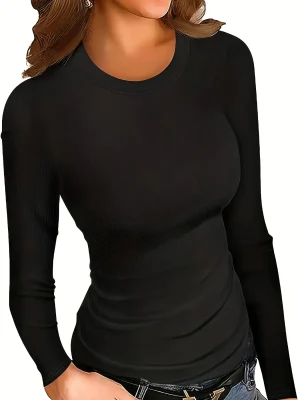 Plus Size Ribbed Long Sleeve Crew Neck Top
