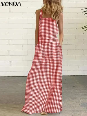 VONDA Women’s Boho Sleeveless Plaid Tank Dress – Summer 2025