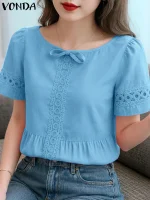 Women’s Bow Lace-Up Hollow Out Short Sleeve Blouse