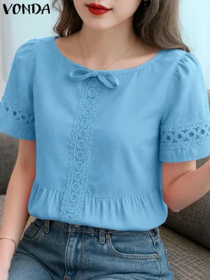 Women’s Bow Lace-Up Hollow Out Short Sleeve Blouse