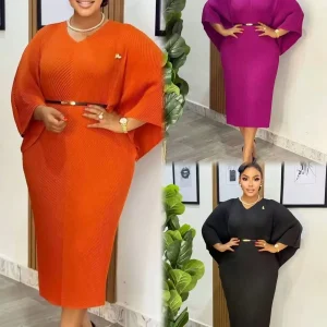 Miyaki Plus Size Pleated Dress – V-Neck Corsage & Batwing Sleeves