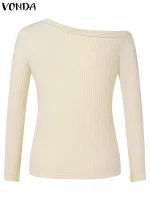 Women’s Off-Shoulder Knitted Sweater – Irregular Neck Pullover with Metal Buttons (Winter 2025)
