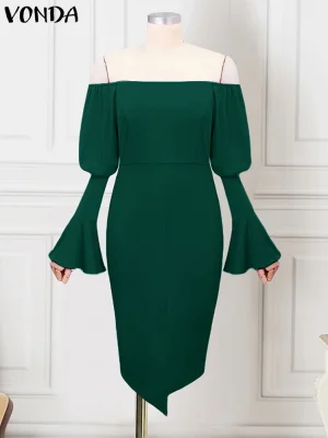 Plus Size 5XL 2025 Off-Shoulder Ruffle Sleeve Knee-Length Dress