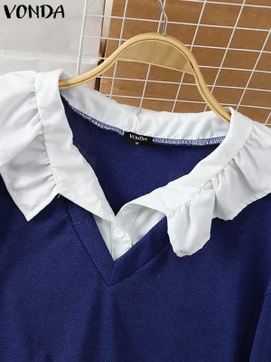 Women’s Patchwork Blouse – Autumn Lantern Sleeve Button Pullover Top