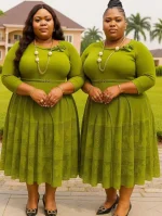 Miyaki Plus Size Pleated Dress – Lace Corsage & Slim Fit