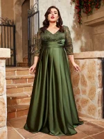 Plus Size V-Neck Lace Satin Evening Gown