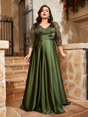 Plus Size V-Neck Lace Satin Evening Gown