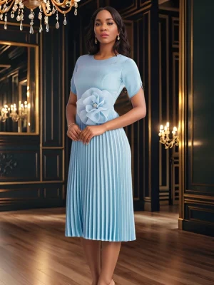 Elegant Pleated African O-Neck Dress with 3D Flowers