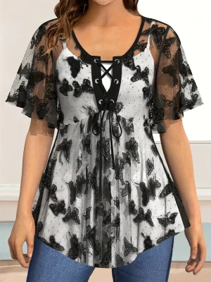 Plus Size Butterfly Lace Flutter Sleeve Tunic