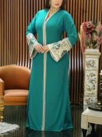 Green African Maxi Dress – V Neck, Sequin Patchwork, Zipper Front
