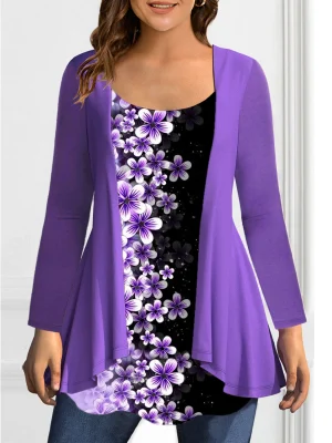 Plus Size Patchwork Floral Long Sleeve Tee
