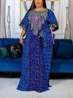 Sparkly African Maxi Dress – Sequin Patchwork, O-Neck, Half Sleeves