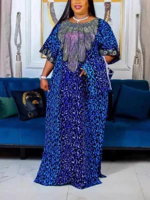 Sparkly African Maxi Dress – Sequin Patchwork, O-Neck, Half Sleeves