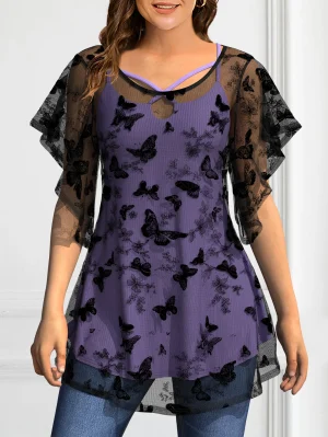 Plus Size Lace Butterfly Two-Piece Top