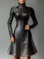 Pleated PU Leather A-Line Mini Dress – Long Sleeve Turtleneck