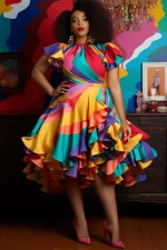 Plus Size Pleated Satin Ruffle Dress