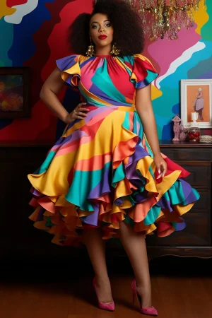 Plus Size Pleated Satin Ruffle Dress