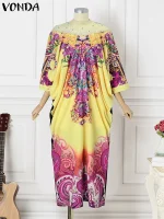 Women’s Bohemian Printed Maxi Dress – Vintage 3/4 Sleeve