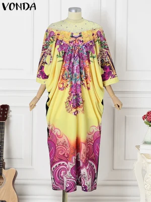 Women’s Bohemian Printed Maxi Dress – Vintage 3/4 Sleeve
