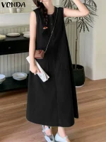 Women’s Sleeveless Denim Maxi Dress – Summer Holiday Sundress with Pockets