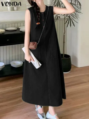 Women’s Sleeveless Denim Maxi Dress – Summer Holiday Sundress with Pockets