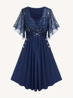 Plus Size Star Print Button Pocket Pleated Butterfly Sleeve Dress