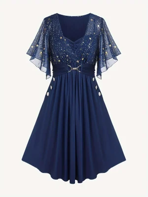 Plus Size Star Print Button Pocket Pleated Butterfly Sleeve Dress