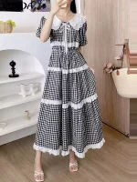 Women’s Summer Plaid Maxi Dress – Lace & Ruffle Detail