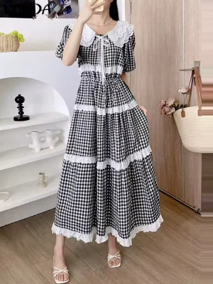 Women’s Summer Plaid Maxi Dress – Lace & Ruffle Detail