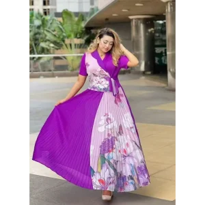 Plus Size Miyaki Printed Pleated Dress with Suit Collar