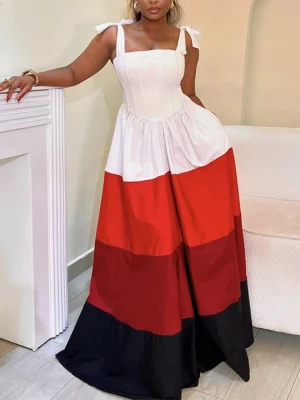 Color Block Spaghetti Strap Dress – Square Neck, Lace-Up, A-Line